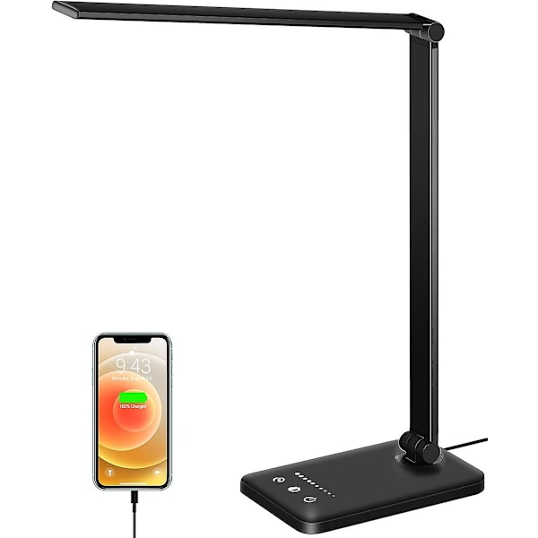 Led-skrivebordslampe, bordlamper dæmpbare 10 lysstyrkeniveauer 5 farvetilstande, berøringskontrol øjenbeskyttelse, med USB-port/roterende [energiklasse A++]