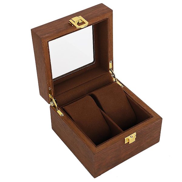 Trä klockfodral 2 fack Clamshell klockförvaringslåda Organizer Svart valnötsfärg