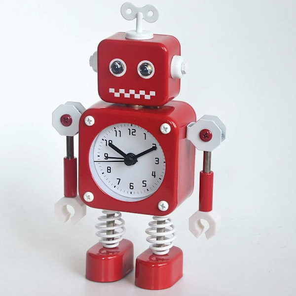 Robotväckarklocka, tyst väckarklocka i rostfritt stål med glitterögon och svängbar arm, present till barn, röd