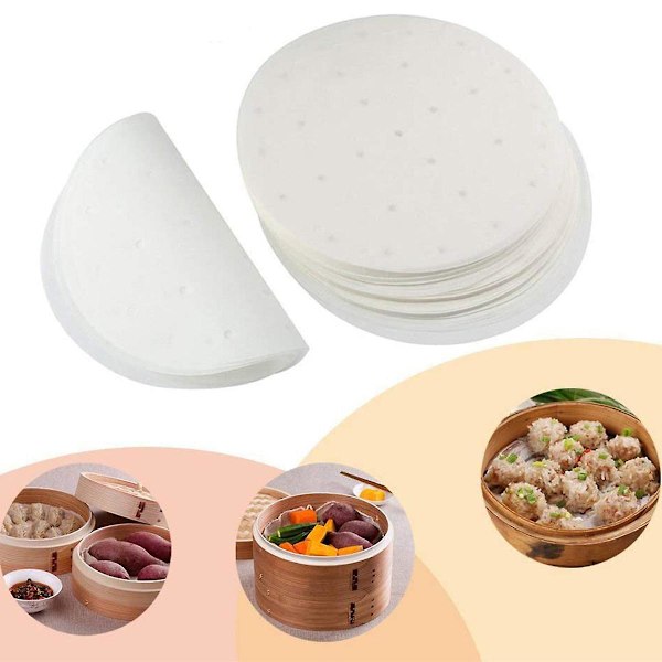 Piao Bremerluft 100 st Dim Sum-papper 23 cm som bas för bambuångare, varmluftsfritöser, ångkokare Airfryer-foder, non-stick-belagt, runt bakplåtspapper Perfora