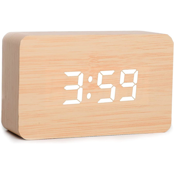 Batteri/USB-laddning LED digital väckarklocka, display temperatur, 3 set med larm och 2 set med larmlägen, 3 ljusstyrkejusteringar (bambuträ)