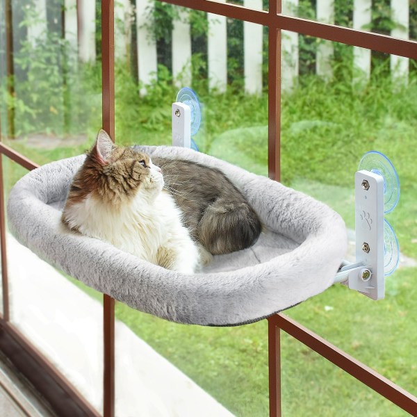 Cordless Cat Window Hammock with 4 Strong Suction Cups, Sturdy Metal Frame and Soft Cover for Indoor Cats, Gray Cat Window Perch