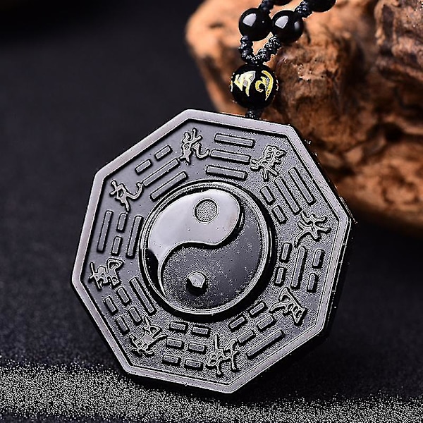 Naturlig svart obsidian yin yang bagua-hänge med halsband för män och kvinnor, 1 st svart