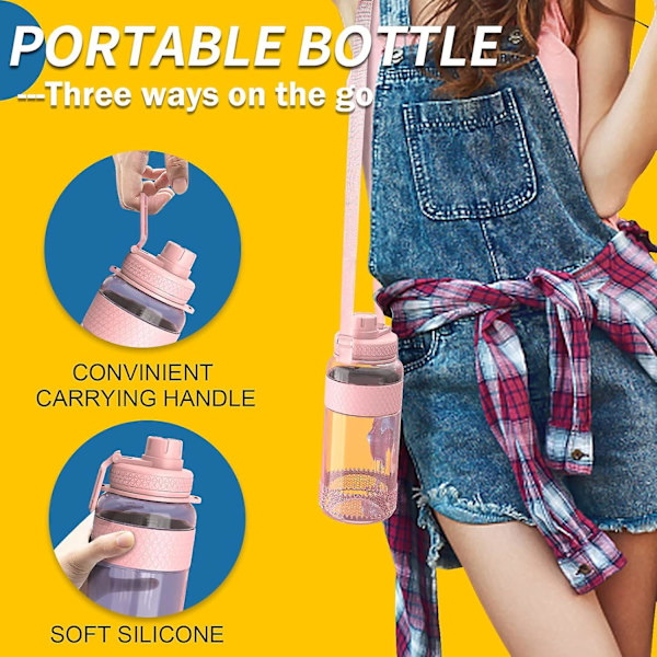 Motiverande vattenflaska med sugrör, 1L/2L sportvattenflaska med tidsmarkör, BPA-fri, läcksäker, hållbar (rosa)