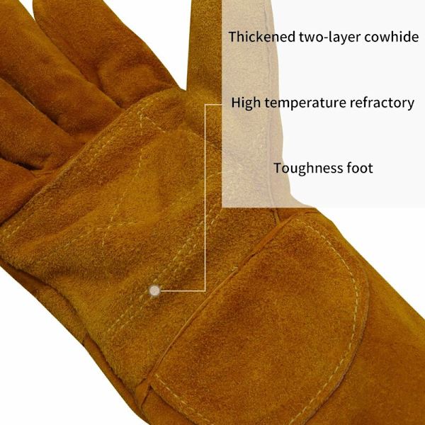 Svetsningshandskar i ett stycke, värmebeständiga handskar, brandhandskar för träbrännare, nötkreatur, tvålagers lädersvetsningshandskar (guld) - 40 16 cm