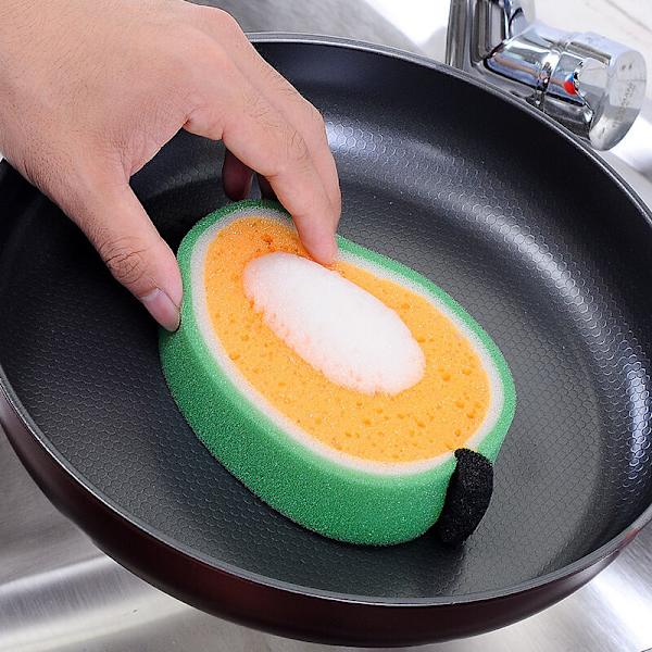 Två mango frukt förtjockade svampdukar för rengöring av diskar svamp disktrasa disktrasa panna torka bord kan återanvändas för matlagning och användning