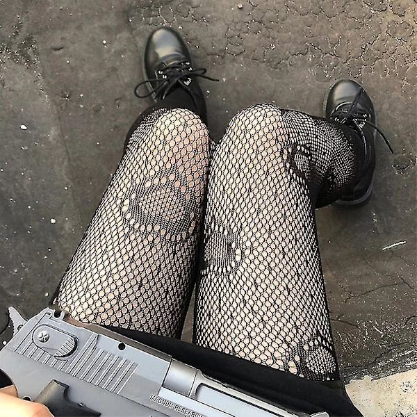 Kvinnor Svart Hjärta Prick Jacquard Fisknät Strumpbyxor, Punk Ihålig Strumpbyxor