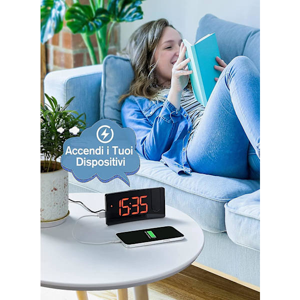 Blå väckarklocka med 180 projektor, 4-nivåers ljusstyrka, stor LED-display, digital väckarklocka med USB-laddningsport, 9 minuters snooze, 12/24H A