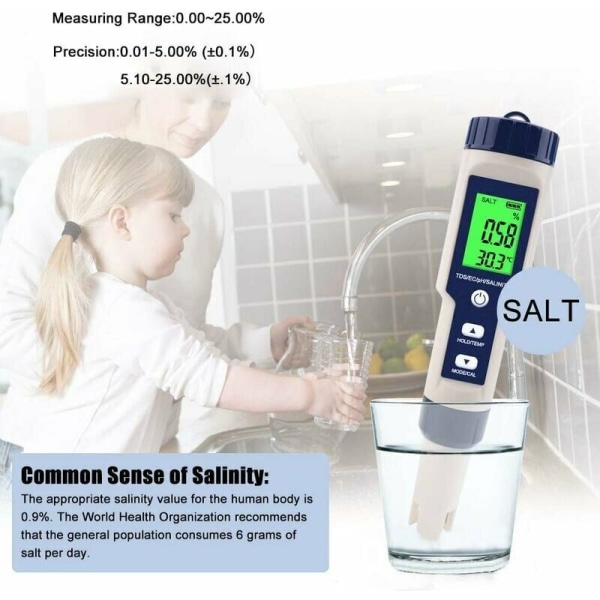 Elektronisk PH-mätare, 5 i 1 PH-testare ficktermometer vattenkvalitet PH EC salt TDS för hem, pool, akvarievatten