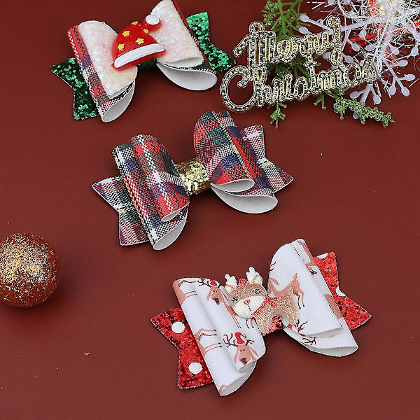 Søt håndlaget glitter rød gitter elg sløyfe hårnål barn hodeplagg jul