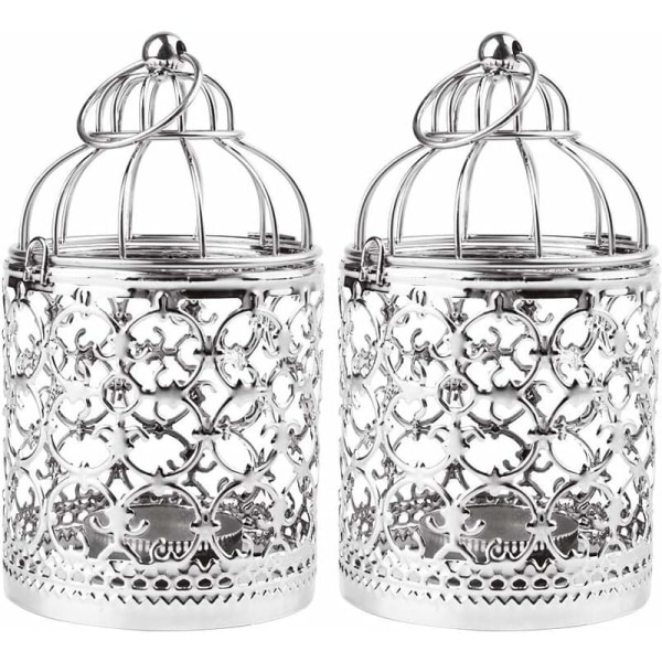 Metall värmeljushållare ihålig fågelbur Järn Vintage ljushållare Lykta hängande ljusstake för bröllopsfest dekoration (silver)