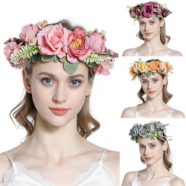 Blomster Hovedbånd Blomsterhårbøjle Bohemian Blomsterkrone Kvinder Bryllup Hårbånd