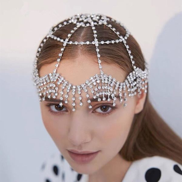 Huvudkedja med strass, boho-huvudbonad med tofshänge, bröllopsfrisyr