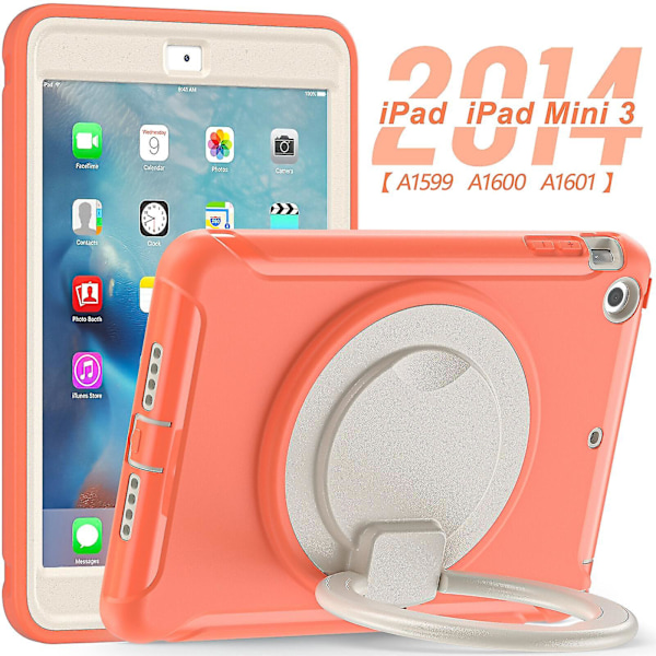 Nytt deksel for iPad Mini 1/2/3 med roterende stativ, støtsikkert, kamerabeskyttelse（Koralloransje）