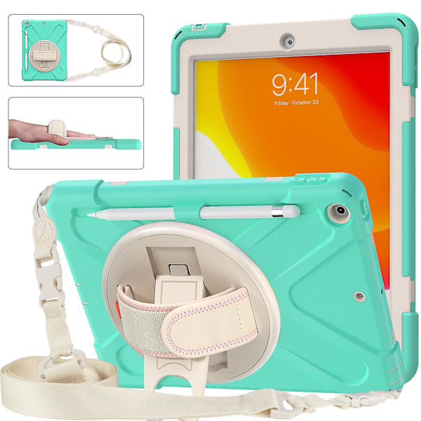 Nytt handrem-designfodral för iPad 10,2 tum med axelrem, justerbart stativ, pennhållare, fallskyddsskydd（Mintgrön）