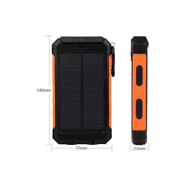 20 000 mAh solcellsladdare, bärbar vattentät powerbank med dubbla strålkastare, 7,7 x 14 x 2,2 cm, svart botten, orange kant