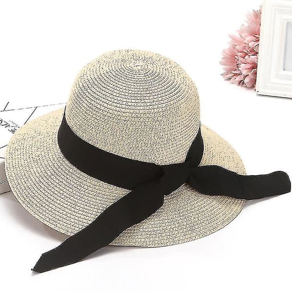 Solhatter for kvinner UV-beskyttelse Bred brem Foldbar Floppy Straw Strandhatt med stropp