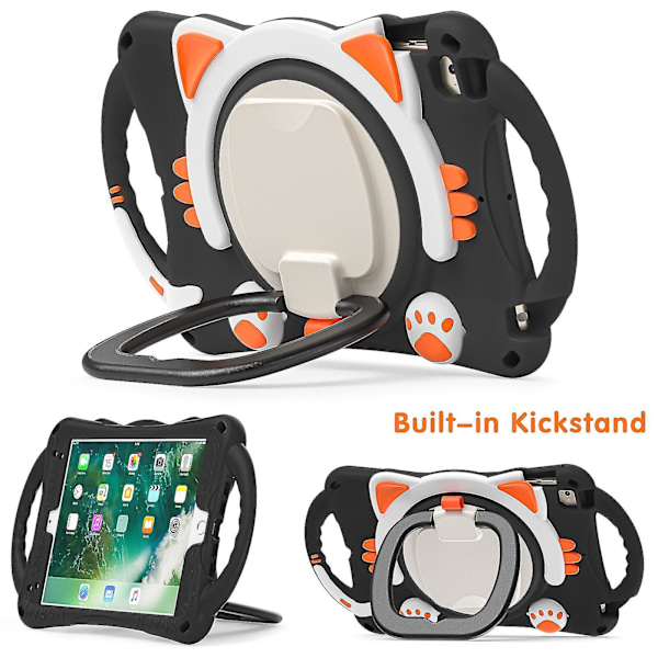 Nytt kattedesign deksel for iPad Mini 1/2/3/4/5 med skulderstropp, to håndtak, 360 roterende stativ, støtsikker design（Svart oransje）