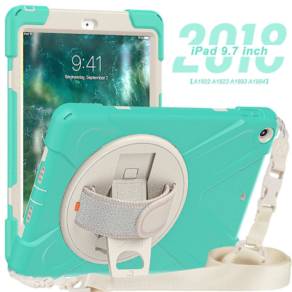 Nytt håndstroppdesign-etui for iPad 9,7 tommer med skulderstropp, justerbart stativ, pennholder, fallbeskyttelsesdeksel (mintgrønn)