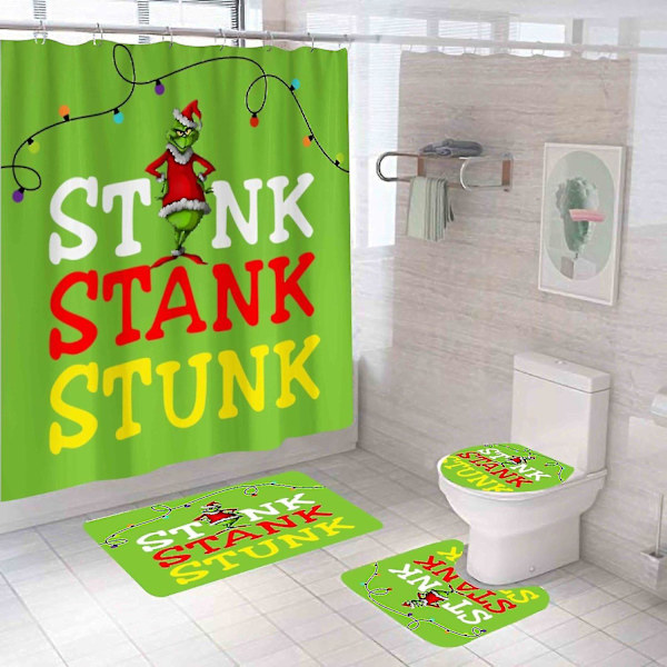 Sæt med 4 Stole Christmas 72 x 72 tommer Grinch2 bruseforhængssæt med skridsikkert tæppe, toiletdæksel a