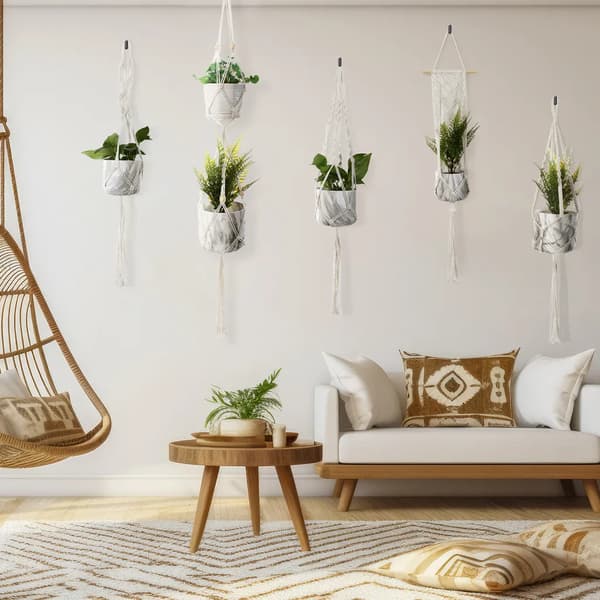 Set med 6 Macrame-hängande korgar, Boho bomullsrep växtkrukor med krokar