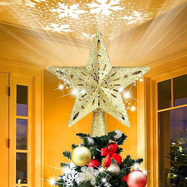 Julgransprydnad med LED-roterande snöflingsprojektor, 3D gyllene glitterstjärna, stjärnhimmelsljus för julgransdekoration