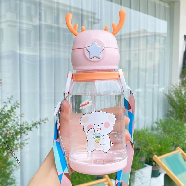 Lasten olkikuppi, 600 ml Kawaii-karhu muovikupin lasten vesipullo urheilujuomapullo sopii kouluun, päiväkotiin, matkustamiseen