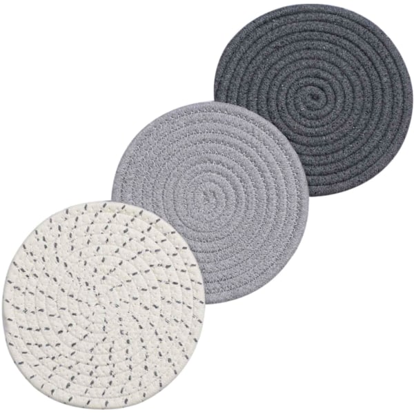Grå 3-delars set: 100 % bomullssnöre flätad grytunderlägg set, 7\" diameter