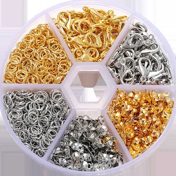 570 delar smyckestillverkningstillbehör set, hummerklasp set, smyckestillverkningsset, smyckestillbehör, guld + silver