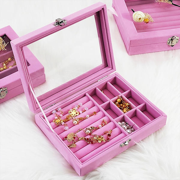 Flannel smykkeskrin smykkeopbevaringsboks med sikkerhedslås til halskæde øreringe armbånd ringe pink 9 gitter