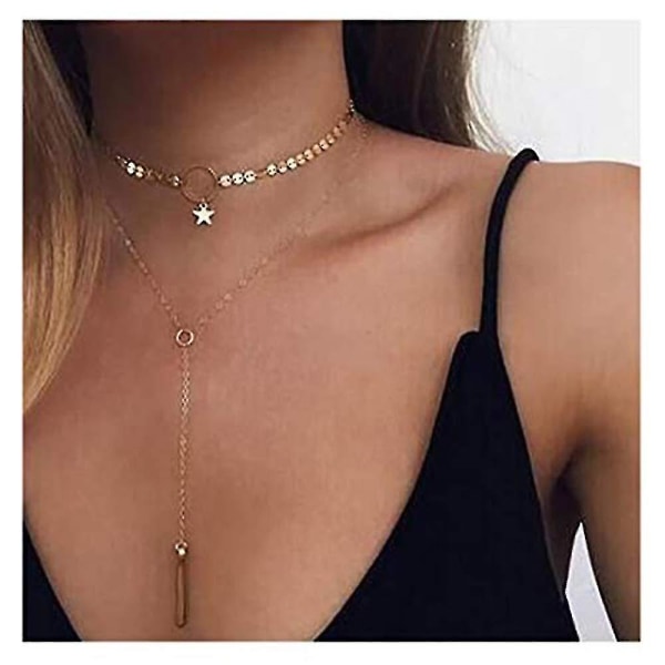 Bohemia Layered Choker Necklace Gold Disc Choker Star Choker Lariat & Y Necklace Bar Pendant Necklace (silver)