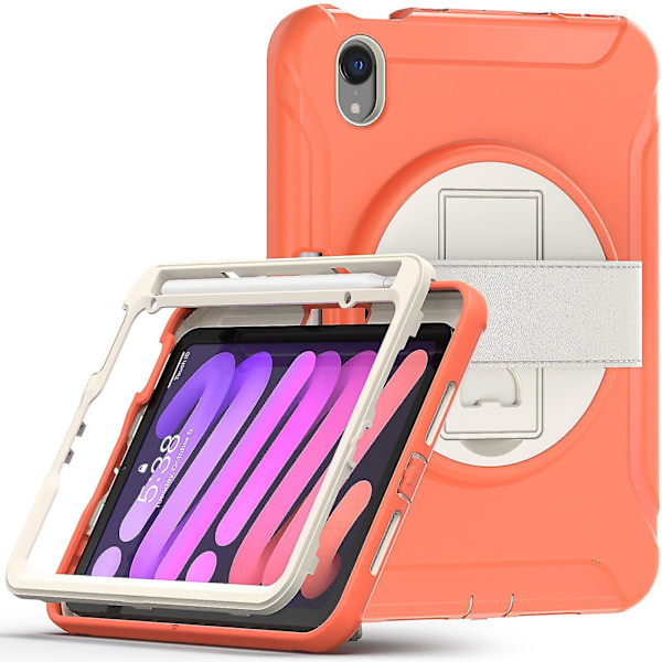 Nyt Etui Til Ipad Mini6 8.3 Tommer Med Roterende Stativ, Penneholder（Korallorange）