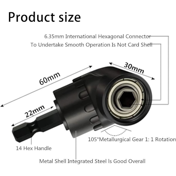 Skrutrekkeradapterholder 105, vinkelbor, vinkelskrutrekker, multifunksjonell vinkelbitholder med 1/4\" magnetisk bitholder