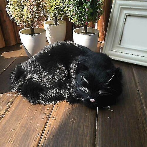 Realistinen nukkuva elävä kissa pehmo tekoturkiksen kokoinen karvainen taloeläin (musta)