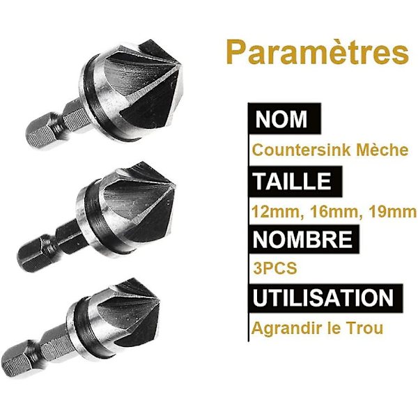 3 st 1/4\" Hex Hcs Fasavskärare 5 Flöjt Borr Bits Fasavskärare Sänksänk 12mm/16mm/19mm För Trä Metall