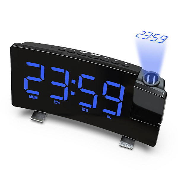 Blå väckarklocka med 180 projektor, 4-nivåers ljusstyrka, stor LED-display, digital väckarklocka med USB-laddningsport, 9 minuters snooze, 12/24H A