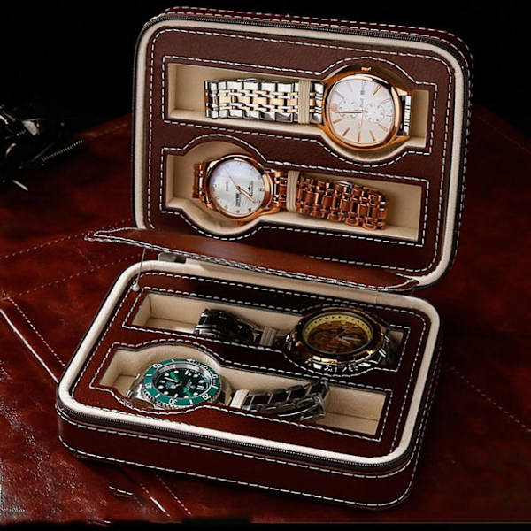 Urkasse Bærbar Lynlås Design Enkel Fashionabel Ur Opbevaring Oganizer Ur Etui Brun 4 Slots