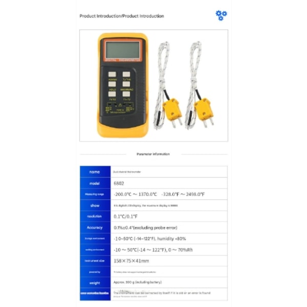 Typ K termometer med 1300°C termoelementsensor (°C, °F och K med 4 termoelement (trådbundna och rostfritt stål)