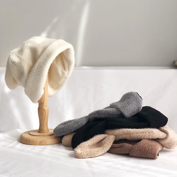 Söt kaninöronmössa, höst och vinter, stickad varm mössa vuxenstil Khaki