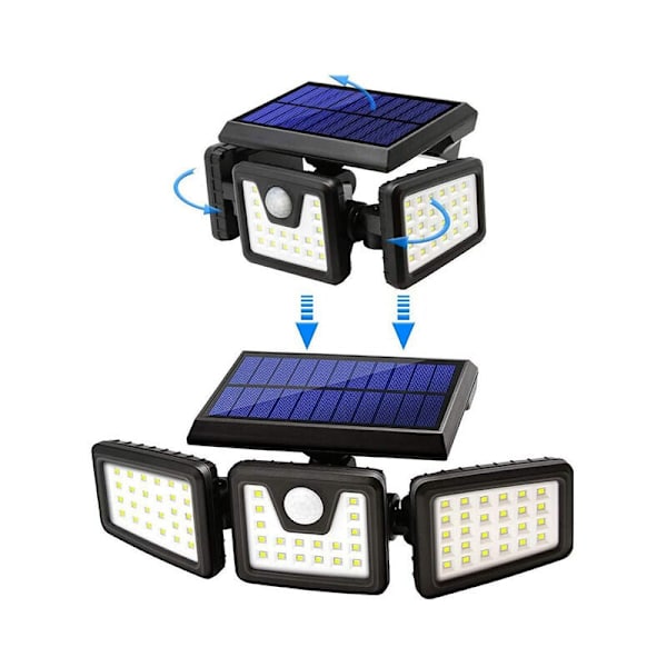 Solcellslampor utomhus, utomhus solcellslampa med rörelsesensor 70 LED, IP65 vattentät 3 huvud utomhus solcellsstrålkastare för trädgård