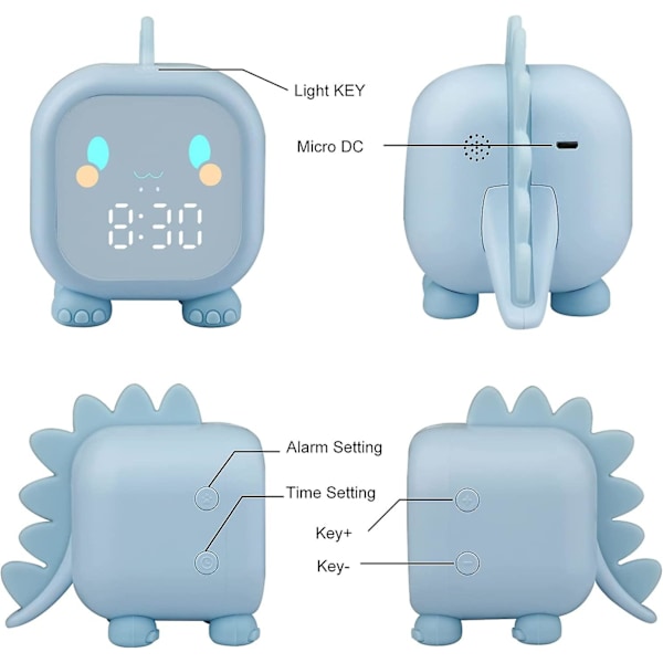 Blå barnas alarmklokke jenter gutter dinosaur lys opp digital barnas alarmklokke lampe nattlys dag natt barn barnehage alarmklokke Volu