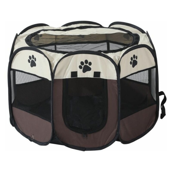 Åttakantigt husdjursstängsel Djurtält Oxford tyg anti-scratch Hopfällbar Hundbur Hund Katt Leveransrum Kennel Kattsandlåda 73x73x43cm Brun