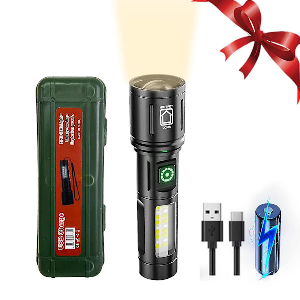 LED-ficklampa med hög lumen, superljus långstrålande stråle, högpresterande ficklampa, zoombar för nödcamping, vandring（A）