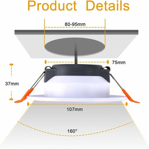 Infälld spotlight LED-spotlight med 5 runda taklampor (6 st kallvitt)