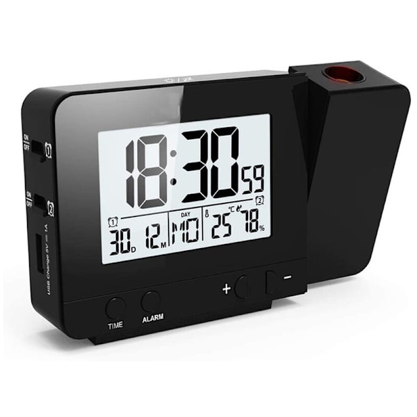 Digital projektionsväckarklocka med temperatur- och tidsprojektion / USB-port / inomhustemperatur och luftfuktighet