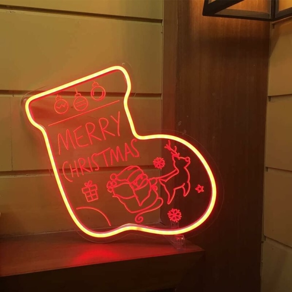 Julstrumpa Neonskylt Röd 3D Akryl LED Neonljus Word XMAS USB -driven dimbar skrivbordslampa för hemmakontor Xmas Party Bar Dekoration