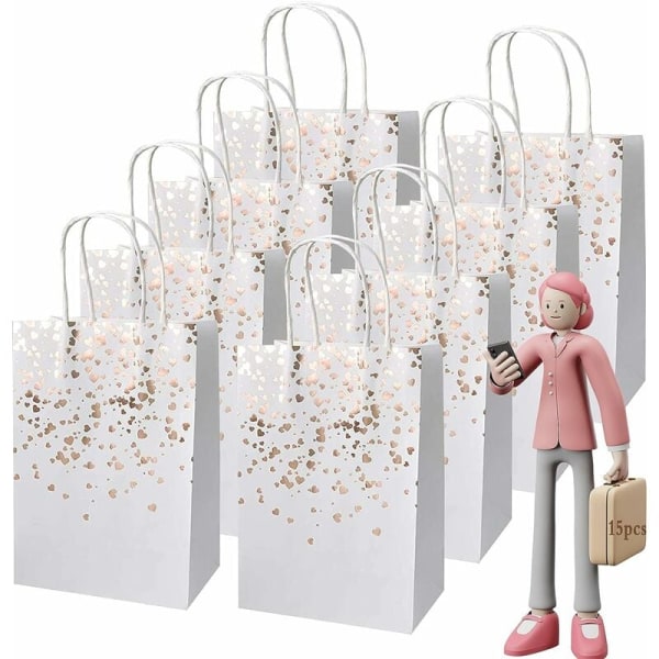 15 Kraftpåsar, papperspåsar, Kraftpapperspåsar med handtag, Återvinningsbara presentpåsar för julbröllopsfödelsedagsfest (roséguld)