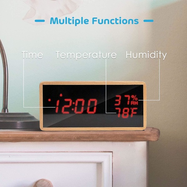 Trädigital väckarklocka, digital klocka med 3 larminställningar, USB-driven elektronisk väckarklocka Snooze väckarklocka, LED-display av tid, temperatur