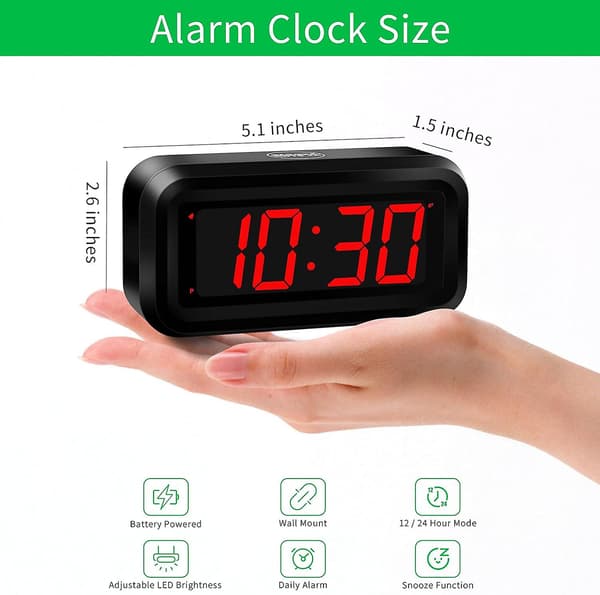Digital väckarklocka batteridriven endast med konstant stor 1,2'' LED