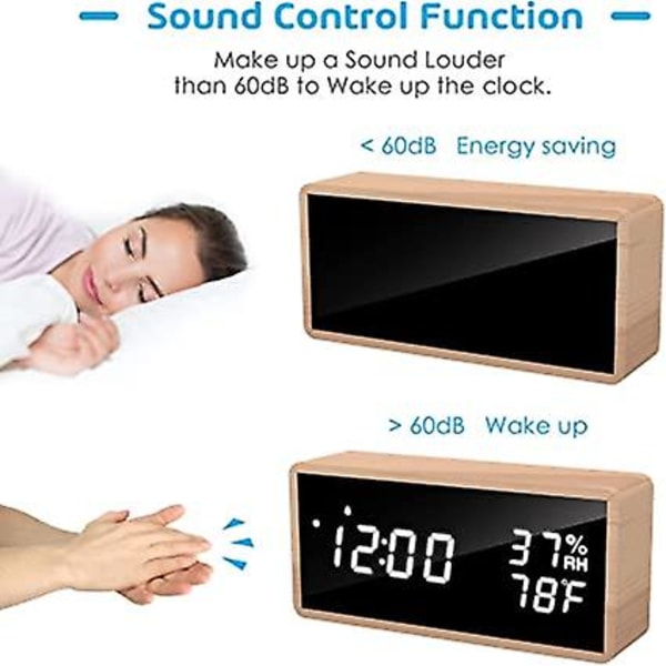 Väckarklocka vid sängen, digitala väckarklockor i trä som inte tickar, justerbar ljusstyrka och USB laddning för säng, skrivbord, hylla